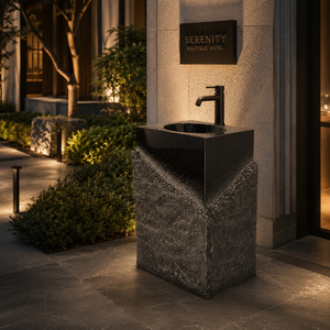 Lavabo de Pedestal de Piedra con Vetas de Mármol Negro, Lavabo de Resina para Encimera de Baño, Villa, Aseo - Product Image 4