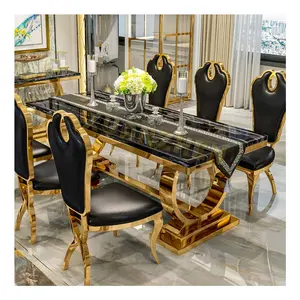 American Modern Simple Royal 6 8 10 Seater Dinner Table Set Marble Stainless Steel Metal Living Dining Room Table Furniture