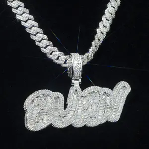 Testeur de diamant personnalisé Pass Iced Out VVS Baguette Moissanite Argent 10K Or Hip Hop Lettre Nom Chaîne Pendentif Fine Jewelry Hommes