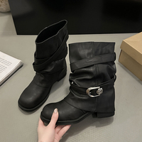 Bottines à talon compensé caché pour femme, en cuir vieilli, avec bride croisée et boucle, style western, 3 couleurs