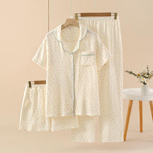 Pur <span class=keywords><strong>coton</strong></span> trois pièces pyjama ensemble taille élastique Satin à manches courtes revers hauts Shorts pour printemps été mince crêpe automne <span class=keywords><strong>gaze</strong></span> - Product Image 2