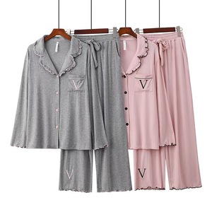 Pijamas de Mujer de Modal Transpirable con Cintura Elástica y Cuello Camisero, 8*5, Otoño - Product Image 1