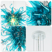 Lustre suspendu moderne à source de lumière LED, abat-jour bleu-gris, en verre soufflé artisanal style Chihuly, avec chaîne, pour salon et table.