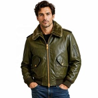Blouson aviateur en cuir pleine fleur olive personnalisé OEM avec doublure en peau de mouton douce et lisse pour homme, coupe courte, hiver