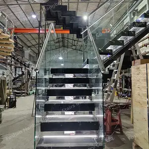 Central Stringer L shape Staircase Marble Stairs Steps Mono Beam Steel Stairs Premium Luxury Black Marble Stair Treads