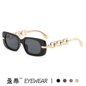 Yingtai Eyewear <b>Square</b> Chain <b>Sunglasses</b> Black Frame Gold Metal UV400 Women's Sun Glasses - Product Image 1