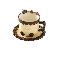 Ensemble tasse et soucoupe en céramique peintes à la main, motif dessin animé moderne, 340 ml, taille standard, compatible micro-ondes, pour fêtes