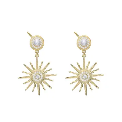 VIANRLA-pendientes de perlas doradas, pendientes de gota de perlas de Plata de Ley 925 con cz pave sun