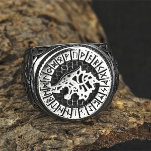 Men's <b>Titanium</b> Steel <b>Ring</b> Viking Wolf Head Runes Hip Hop Style Animal Geometric Design Gift Jewelry - Product Image 1