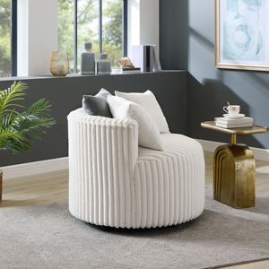 DB Malna Off-White Barrel Accent <b>Chair</b> Plush Wide Wale Corduroy Upholstered with <b>Wheels</b> for Living Room - Product Image 4