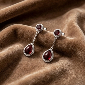 Ear enlace oem odm 925 Sterling Silver Double Garnet <b>Chain</b> Dangle <b>Earrings</b> Custom Wholesale Natural Gemstone Jewelry For Women - Product Image 2