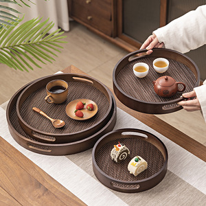Bamboo Serving <b>Tray</b> Round With Handle Walnut Color For Tea And <b>Snacks</b> Household Use - Product Image 1