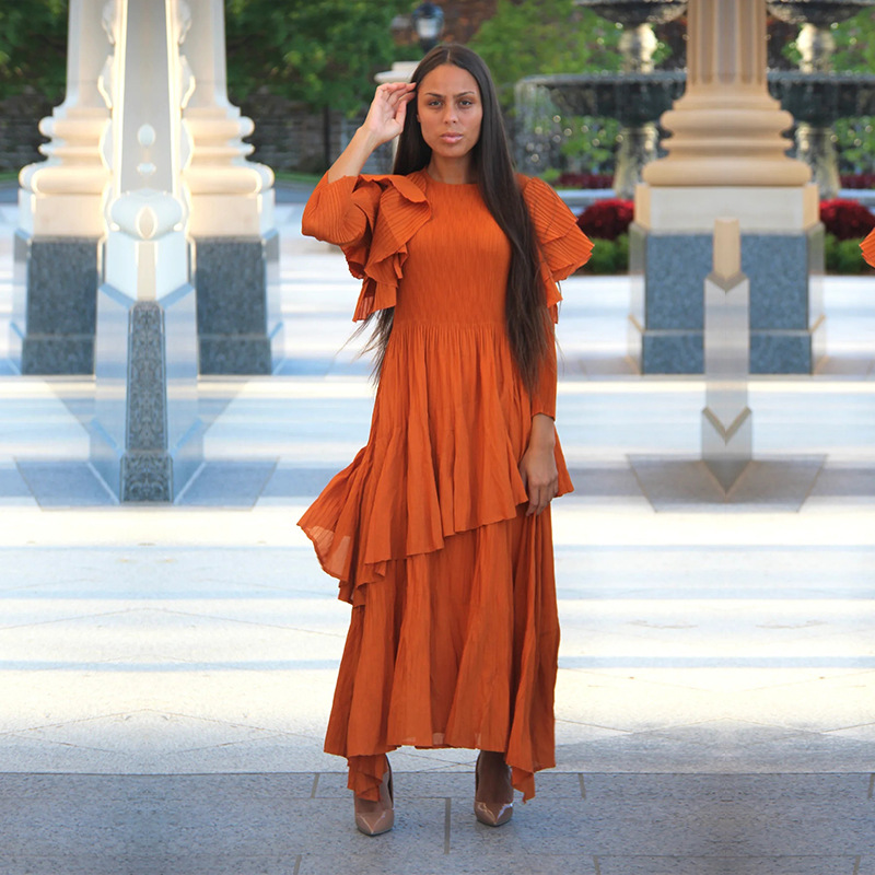 are pleated dresses in style 2024 2024 Spring Fashionable Large Size Pleated Dress with Lotus Sleeves for  Women Casual Dresses for Adults