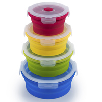 Ensemble de boîtes à lunch rondes pliables en silicone - 350/500/800/1200 ml, silicone platine de qualité alimentaire + couvercle en PP, logo personnalisé OEM