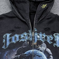 Sweat à capuche zippé surdimensionné en coton 100% avec imprimé astronaute en strass, effet délavé personnalisé, lettres gothiques vieillies, style vintage streetwear