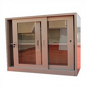 Armoire de classement en acier demi-hauteur H900mm avec 2 portes coulissantes en verre, casier de rangement métallique pour dossiers de bureau - Product Image 1