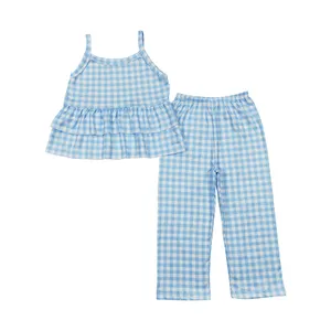 Pakaian bayi perempuan musim panas obral besar grosir atasan butik celana longgar cocok atasan tali motif Gingham biru cantik