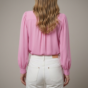 Chemisier en mousseline de coton tissé rose 100 % coton pour femme, col rond, boutonné, manches ballon trois quarts, élégant, uni, décontracté, vente en gros - Product Image 2