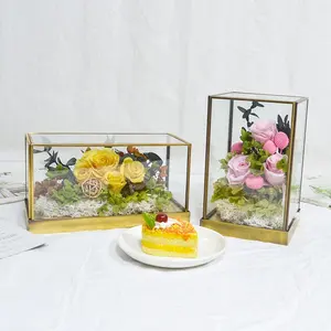 Поставщик террариума, прямоугольный металлический золотой цветок, Свадебный кубовидный граненый стеклянный террариум, геометрический дом для растений
