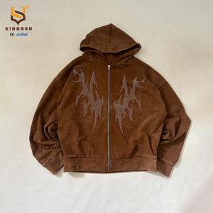 Manufacturers Custom Streetwear Y2k Men's Acid Wash Heavweight Terry Cotton Boxy Oversized Rhinestone Zip up Hoodie - Product Image 1
