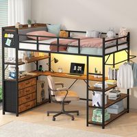 Lit superposé moderne pliable en métal taille double avec rangement, tête de lit, bureau en U, lumières LED, prise de courant, 4 tiroirs et échelle de sécurité