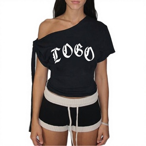 Camiseta de Verano para Mujer, Estilo Y2K, de un Solo Hombro, Manga Corta, Ajustada, de Algodón Acordonado, Sexy - Product Image 2