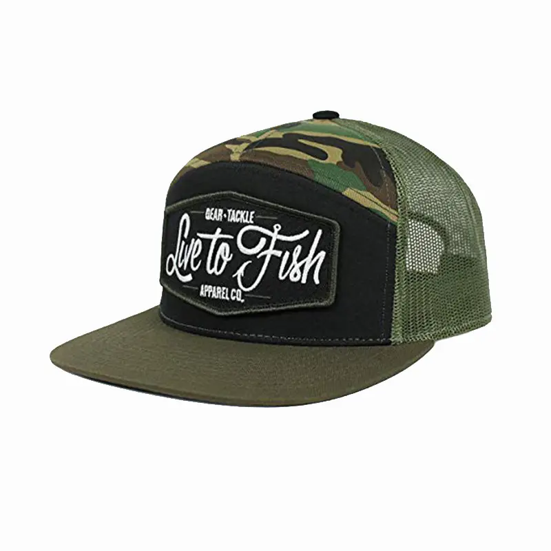 Wholesale Customized Black Camo Snapback Mesh Patch Logo Custom 7 Panel Trucker Cap Hat