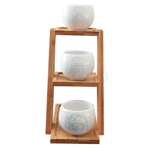 Soporte para plantas de bambú con cerámica, moderno, decorativo, pequeño, redondo, maceta para plantas suculentas, soporte de bambú de 3 niveles, pantalla de ventana - Product Image 3