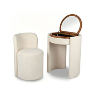Ensemble coiffeuse avec chaise et miroir ivoire, chaise rembourrée et miroir rond rabattable avec rangement, mobilier de chambre