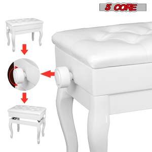 Banco para piano de madera con altura ajustable y asiento con almacenamiento, estilo clásico, color blanco - Product Image 5