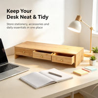 Support d'écran en bambou, organiseur de bureau ergonomique avec tiroirs, support pour ordinateur portable, imprimante, bureau à domicile et chambre