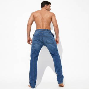 Wholesalers Online Men's Mid-Rise Straight Fit Slim Breathable <b>Jeans</b> Regular Wash Solid Blue Cotton Casual Pants <b>Button</b> <b>Fly</b> - Product Image 4