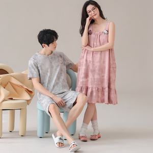 Pijamas de Pareja de Verano, Camisón de <span class=keywords><strong>Tirantes</strong></span> de Algodón Puro, Lindo para Mujer, Talla Grande, Traje de Casa de Manga Corta para <span class=keywords><strong>Hombre</strong></span>, Primavera y Otoño - Product Image 3
