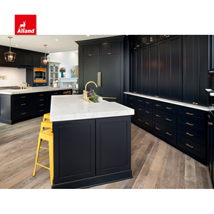 Armoire de cuisine élégante à porte perlée bleu foncé avec garde-manger à vin et tablier de ferme évier cannelé pour la construction de maisons - Product Image 5