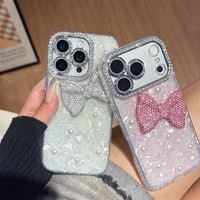 Coque de téléphone PC motif cœur pour iPhone 17 Pro Max, avec strass et nœud 3D, protection de l'appareil photo, personnalisable pour iPhone 16 15 14 13