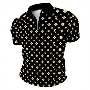 Polo décontracté pour homme à manches courtes, imprimé noir et or, avec fermeture éclair, en polyester tissé respirant, coupe classique - Product Image 3