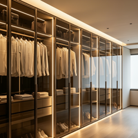 Armoire coulissante moderne sur mesure avec rangement superposé, panneau en verre et éclairage intégré, meuble de chambre à coucher