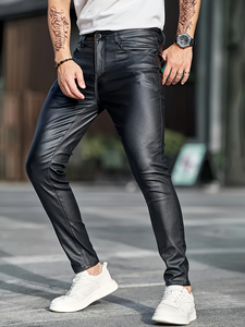 Wholesale High Quality <strong>Men</strong> Business Casual High Waist Straight Leg <strong>Faux</strong> <strong>Leather</strong> Biker Motorcycle Pants PU <strong>Leather</strong> <strong>Trousers</strong> - Product Image 3