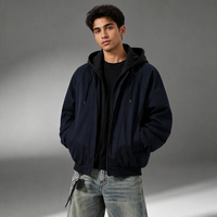 Blouson bomber à capuche superposé pour homme, coupe décontractée, effet deux pièces, coupe-vent léger, vêtement de sport, double fermeture éclair, streetwear, noir