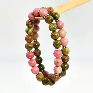 Unakite & Rhodochrosite Beaded Gemstone Bracelet Pink and Green Meditation Jewelry for Healing for Weddings Parties and Gifts