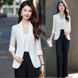 Women's White Blazer Solid Color Polyester Breathable Casual Elegant Spring Summer 2025 Style Petite Fit - Product Image 1