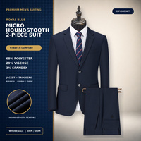 Costume sur mesure pour homme, bleu roi pied-de-poule, extensible, simple boutonnage, en laine peignée, 2 pièces, coupe ajustée, pour affaires et mariage