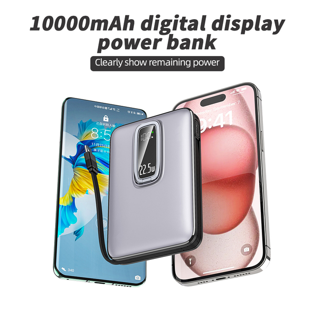 PD 22.5W Magnetic Fast Charging Built in Cable Power Bank 10000mah 15W Wireless Powerbank With Digital Display and Holder