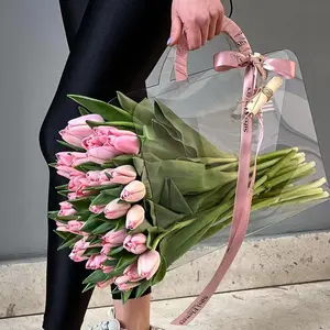 Tiktok Hot Selling Custom New Pvc Transparent Flower Tote Bags Wedding Gift Packaging Bags For Bouquet