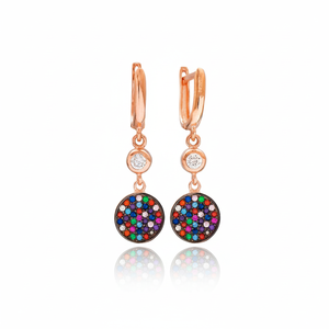 Mix Stone Zircon <b>Round</b> Design Dangle Earrings Gold Plated Wedding Turkish Handmade 925 Sterling Silver Jewelry - Product Image 2