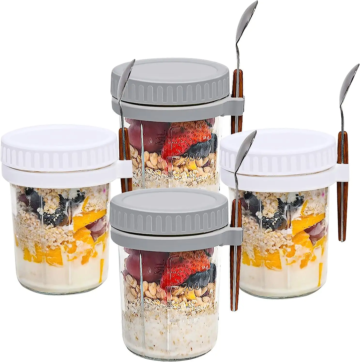 10oz Overnight Oats Containers with Lids and Spoons 350ml Colorful Mason Jars Glass Food Customized Logo Modern Round Pack Glass