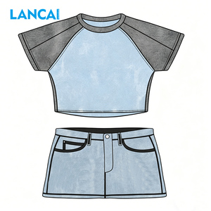 Ensemble décontracté pour femmes Lancai, haut court à manches raglan et mini-jupe en jean, tenue de rue décontractée, ensemble de salon, vêtements d'été pour femmes - Product Image 1
