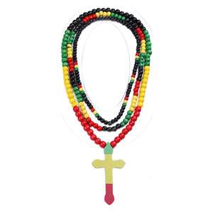 विंटेज नई लकड़ी के हेक्सागोन बीड जामानिकन हार मेलोन बकल सरल हरे लाल पीले रंग का क्रॉस 14k सोना प्लेटेड हिप हॉप एक्सेसरीज़ - Product Image 5