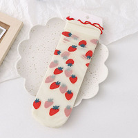 Chaussettes en maille imprimées fraises mignonnes, avec bordure à volants, en soie de verre transparente, pour femme, vente en gros, été