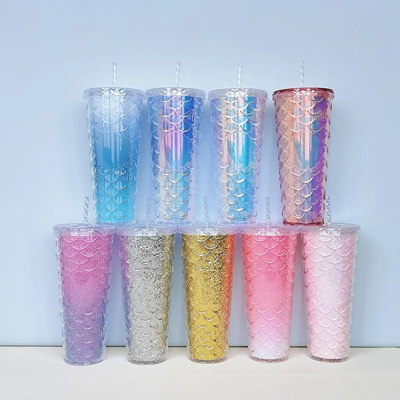 M106 Factory Mermaid Cup Scale Glitter 24oz Mugs Insulated Double Walled Plastic Cups Fish Scales Tumbler With Straw And Lid